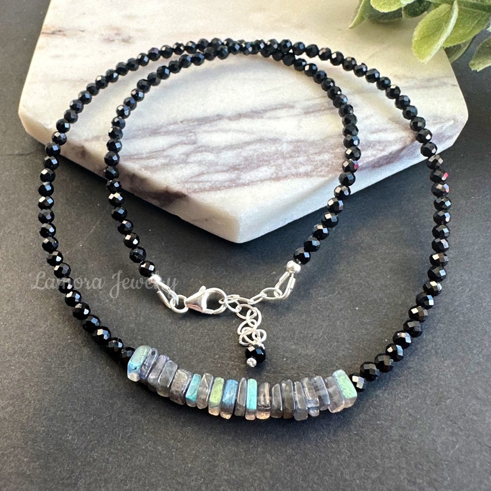 Labradorite Choker Necklace in Sterling silver black tourmaline